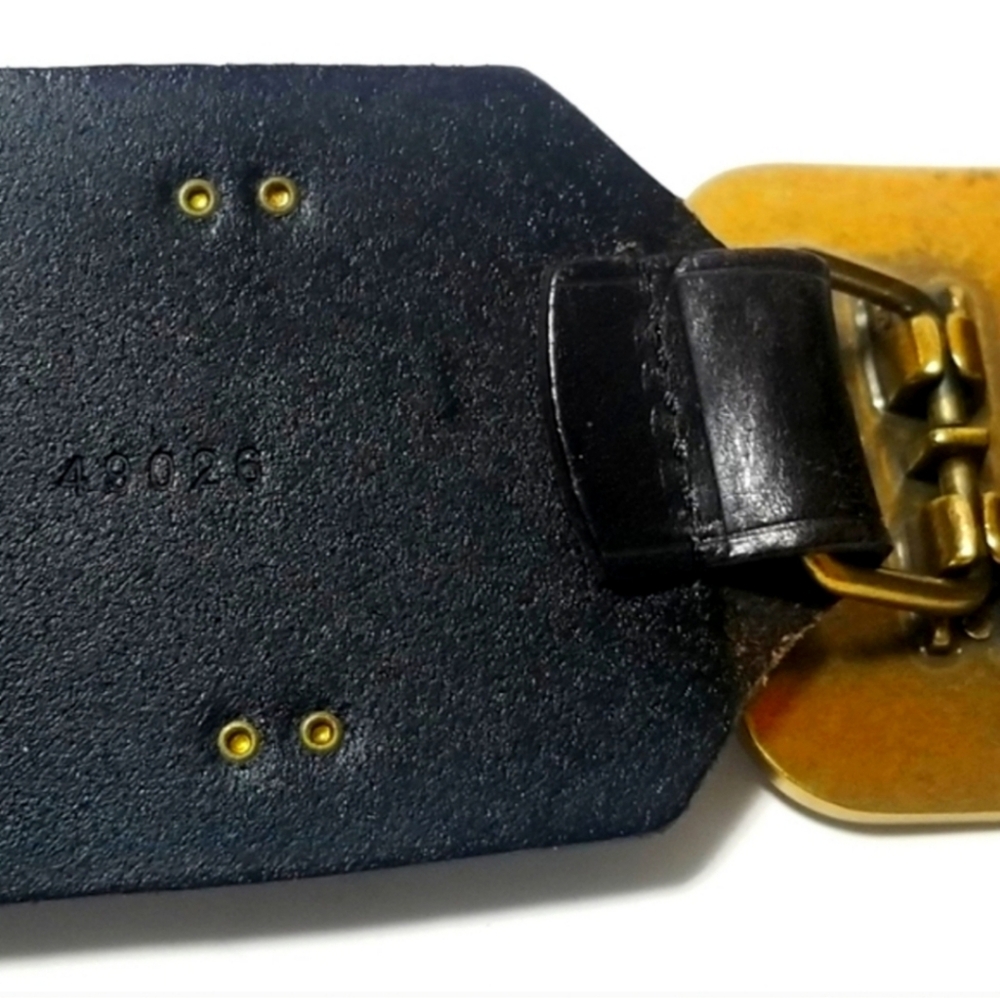 Ralph Lauren Black Leather Belt with Wide Gold Buckle Adorned With Celtic Crown. - Picture 6 of 13